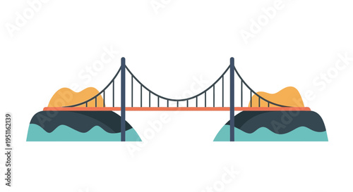 Stylized suspension bridge illustration connecting landmasses over water