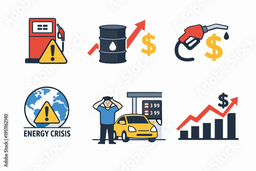Global energy crisis impacting fuel prices, economy, and consumer costs in flat design