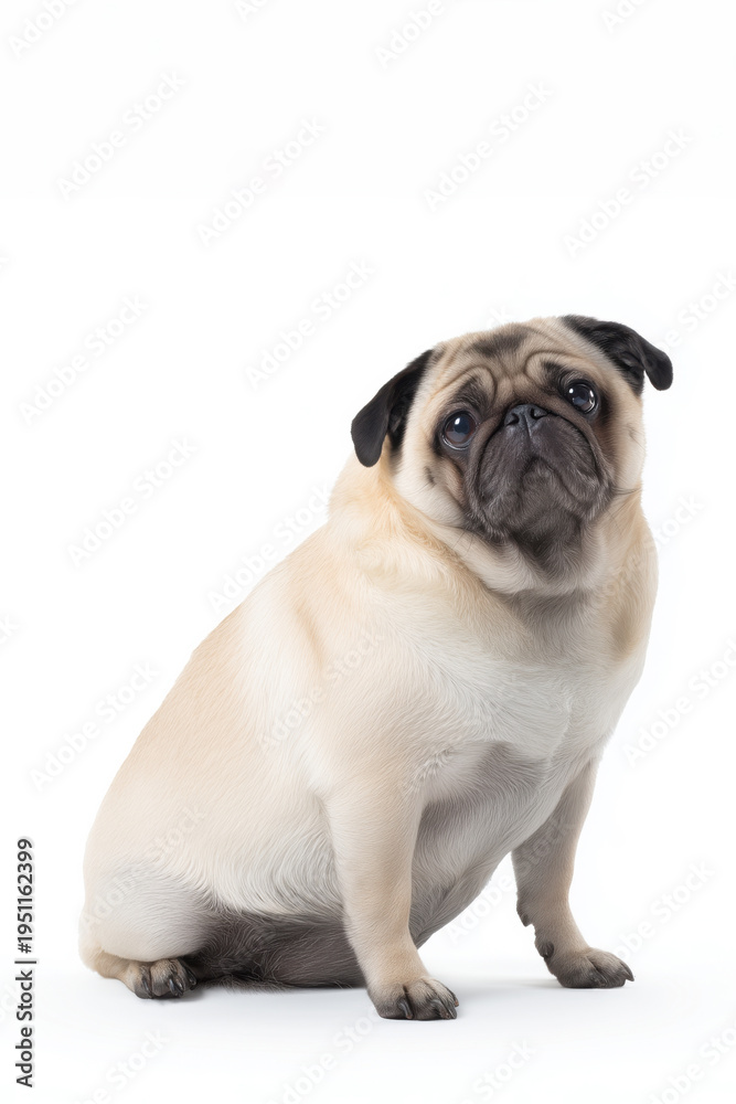 Obraz premium Pug dog sitting and looking at the camera in a studio setting during a bright day