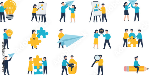 Collection of business people in various poses representing teamwork, ideas, creativity, and problem-solving