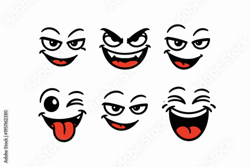 Cartoon faces vector set showing various expressive emotions and funny characters