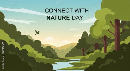Serene landscape with river trees and bird in natural setting promoting environmental connection