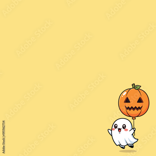 Cute cartoon ghost holding pumpkin balloon.