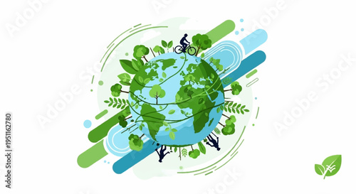 Eco friendly earth globe with green leaves and blue brushes on white background for sustainable environment concept