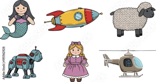 Collection of six cartoon toys a mermaid a rocket a sheep a robot dog a doll and a helicopter on transparent background