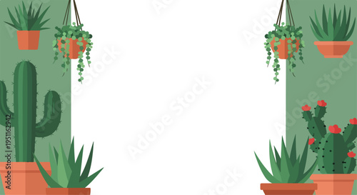 Collection of various potted houseplants and cacti arranged on green background including hanging plants and succulents