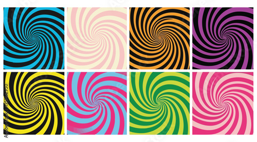 Vibrant colorful spiral patterns in various hues and swirling designs on white background