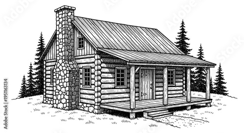 Rustic Log Cabin with Stone Chimney and Porch in Forest Setting