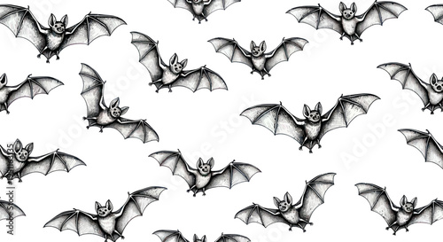 Seamless Pattern of Flying Bats in Sketch Style on White Background
