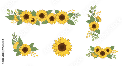 Sunflower Floral Elements: Borders, Corner Accents, and Centerpiece