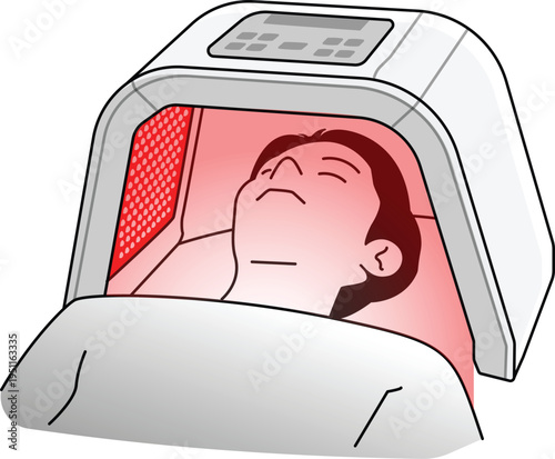 Vector icon and illustration for Red Light Therapy Facial Treatment for Skin Rejuvenation. Man lying under a red Light Therapy Device for Skin Care and Anti-Aging Treatment.