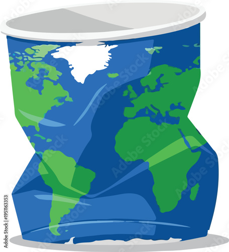 Crumpled plastic cup with world map illustration representing earth pollution and environmental damage