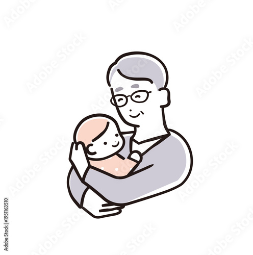 優しいシンプルカラーの赤ちゃんを抱っこする祖父｜育児・子育てイメージ