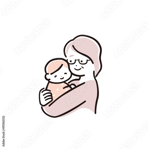 優しいシンプルカラーの赤ちゃんを優しく抱っこする祖母｜育児・子育てイメージ