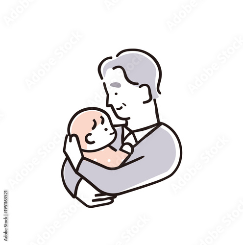 優しいシンプルカラーの赤ちゃんを見つめて抱っこする祖父｜育児・子育てイメージ