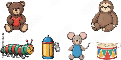 Cute toy set with teddy bear sloth caterpillar mouse drum and mechanical cylinder isolated on transparent grid background