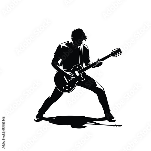 A black silhouette of a guitar hero playing an electric guitar with a dynamic pose on a white background