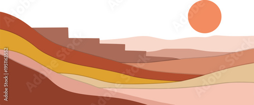 Desert canyon landscape at sunset with layered mountains and sun circle over transparent sky background for game design