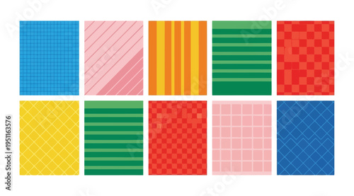 Colorful squares with various patterns on white background