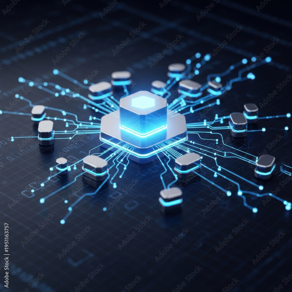 Obraz premium Glowing blue circuit board with central hexagon and connections