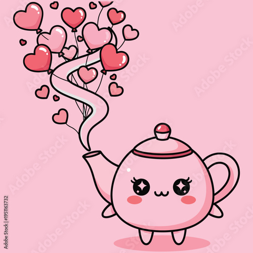 Cute Pink Teapot with Heart Balloons.