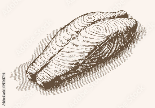 Hand drawn salmon steak illustration fresh fish fillet detailed sketch with shading and texture on light background for culinary and seafood concepts