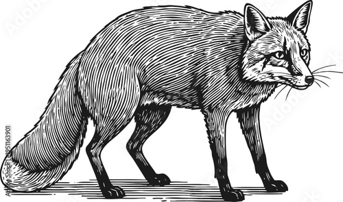 Detailed black and white illustration of a standing fox with intricate fur texture and alert expression