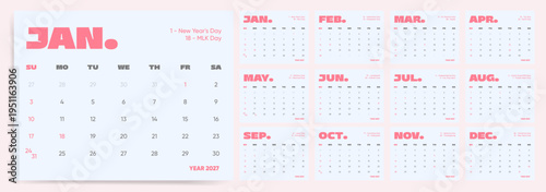 2027 Calendar template design. Week starts on Sunday office calendar. Modern bold desktop planner with holiday markers. English vector calendar layout.
