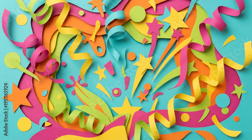 Vibrant papercut explosion with colorful confetti and festive streamers, creating a joyful abstract celebration on a bright blue background, perfect for party designs
