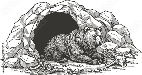 Bear resting at cave entrance surrounded by bones and rocks, wild animal habitat illustration