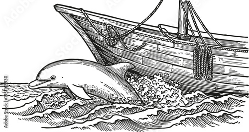 Vintage nautical line art with dolphin jumping near wooden sailing ship bow on ocean waves