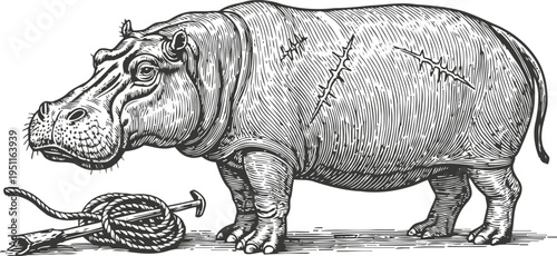 Hand drawn hippopotamus illustration with rope and stake detailed vintage wildlife engraving