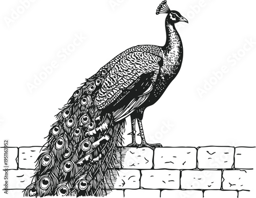 detailed illustration of a peacock perched on a stone wall, showcasing ornate plumage and elegant posture