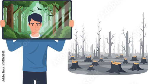 Environmental concept of man holding tablet showing green forest over grey deforested landscape with many wood stumps