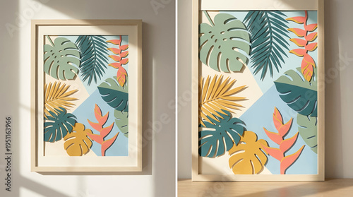 Exotic Paper-Cut Art Vibrant layered tropical leaves and colorful flowers on a geometric pastel background, displayed in elegant wooden frames, a perfect blend for modern decor