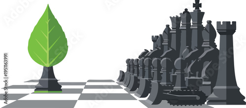 Environmental strategy concept showing green leaf chess piece standing against army of industrial machinery black pieces