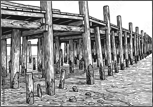 Wooden pier structure over water with supporting pillars in black and white line art