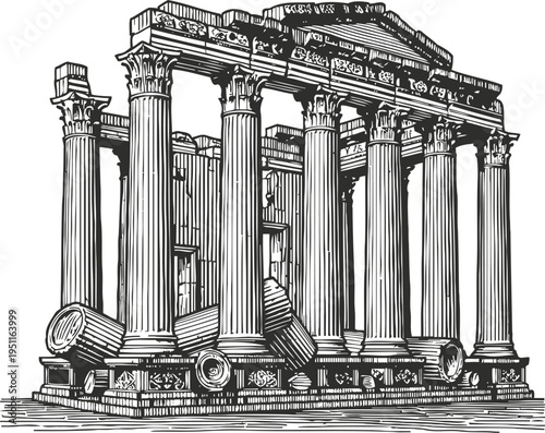 Ancient greek temple ruins with tall corinthian columns and fallen stone pieces in detailed black and white illustration