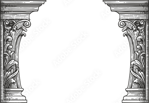 Ornate vintage corinthian columns frame with acanthus leaves and detailed classical architectural design