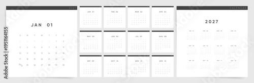 Calendar 2027 Square Template. Calendar templates 2027 for wall and desk use. Set of ready to print annual layouts. Business minimal modern 2027 calendar.
