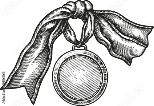 Vintage medal hanging on knotted ribbon illustration classic award, prize, victory and achievement symbol