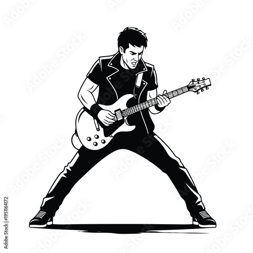 A guitar hero poses dynamically playing an electric guitar with a bold, monochromatic style on a clean white background