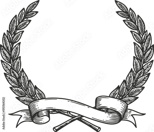 Vintage laurel wreath with crossed ribbon banner classic ornamental frame for awards or achievements