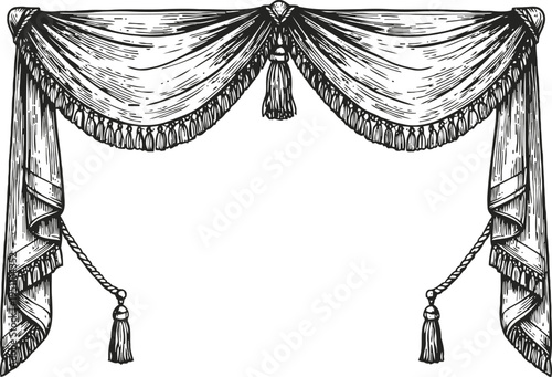 Vintage ornate curtain swag with tassels and pleated drapery, classic decorative window treatment