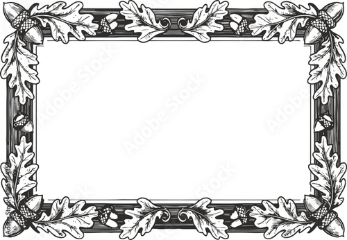Decorative vintage oak leaves and acorns frame border with detailed engraved design