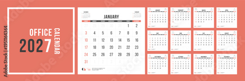 2027 Calendar template design. Week starts on Sunday office calendar. Desktop planner in simple clean style. Corporate or business calendar. English vector calendar layout.
