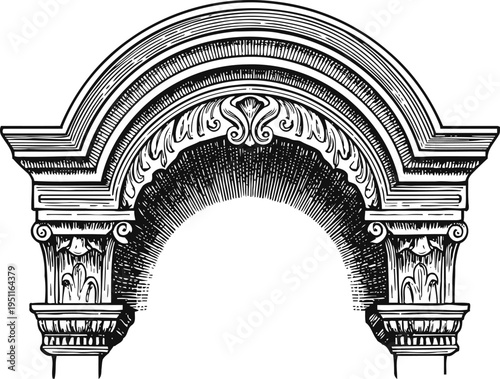 Ornate classical archway illustration with intricate detailing and decorative columns in vintage