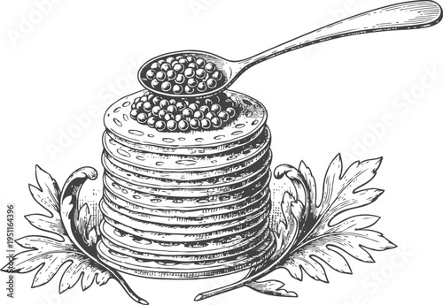 Black caviar stack on traditional blini with spoon and garnish leaves vintage seafood delicacy illustration