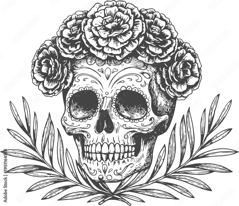 Fototapeta premium intricate sugar skull with floral crown and decorative leaves, day of the dead illustration