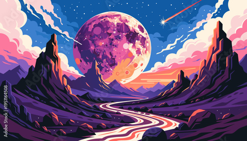 "A professional, high-resolution digital illustration of a vibrant alien planet landscape at twilight, isolated on a wide cinematic frame. The scene features a massive, glowing purple and orange moon 